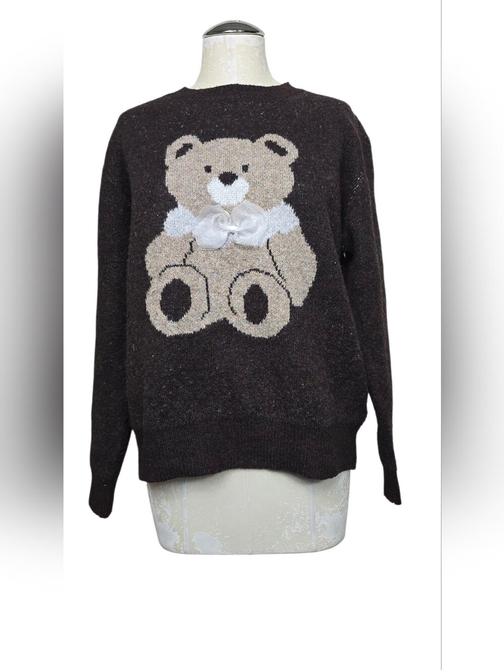 Threaded Leaf Wool Blend Brown Bear Bow Sweater S Oversize Loose Fit Cottagecore